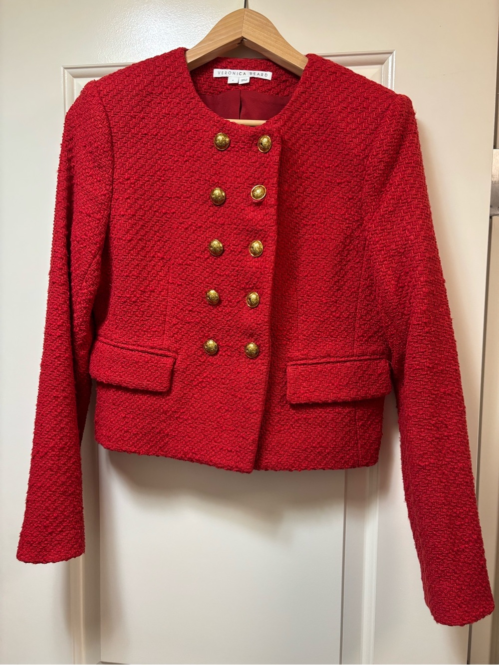 Veronica Beard Bright Red Textured Double-Breasted Jacket